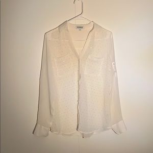 Express Sheer White Shiny Dots Button Up